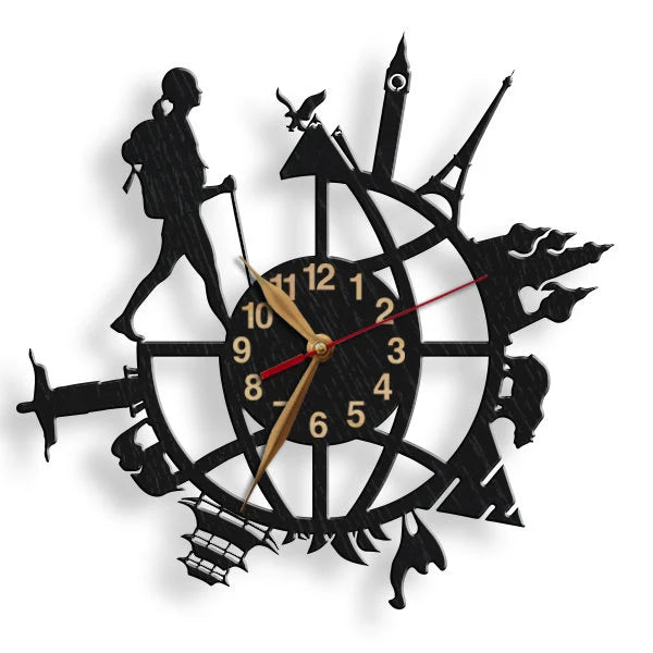 Wall clock with female traveler silhouette walking across a globe surrounded by famous landmarks