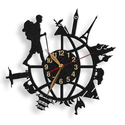 Artistic globe wall clock showing backpacker journey past international landmarks