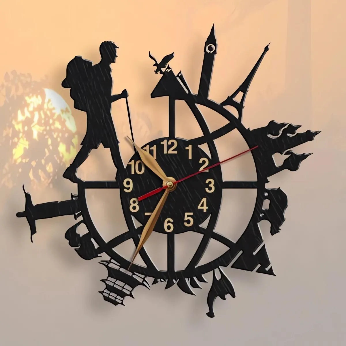 Male backpacker version of globe travel clock featuring famous monuments