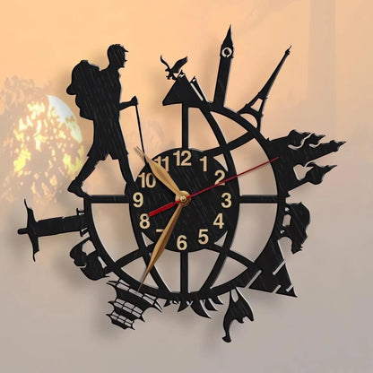 Male backpacker version of globe travel clock featuring famous monuments