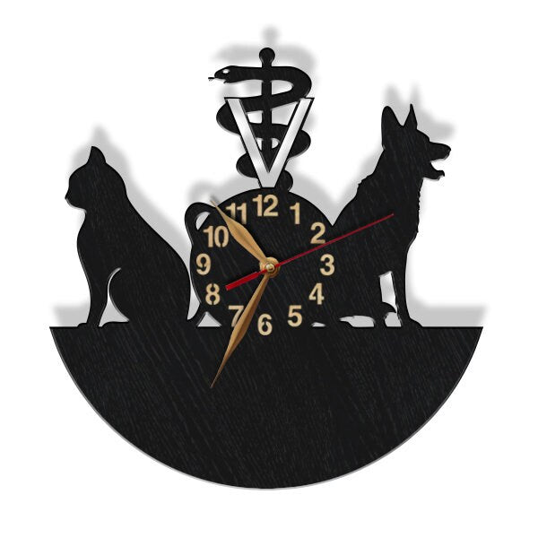 Personalized vet wall clock with cat and dog silhouette