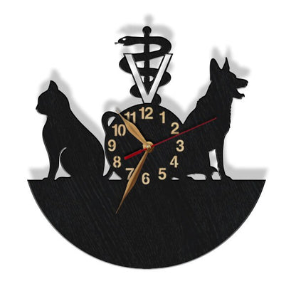 Personalized vet wall clock with cat and dog silhouette