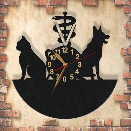 Veterinary office decor clock on brick wall background