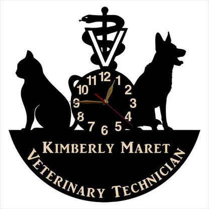 Veterinary technician name clock with cat and dog design