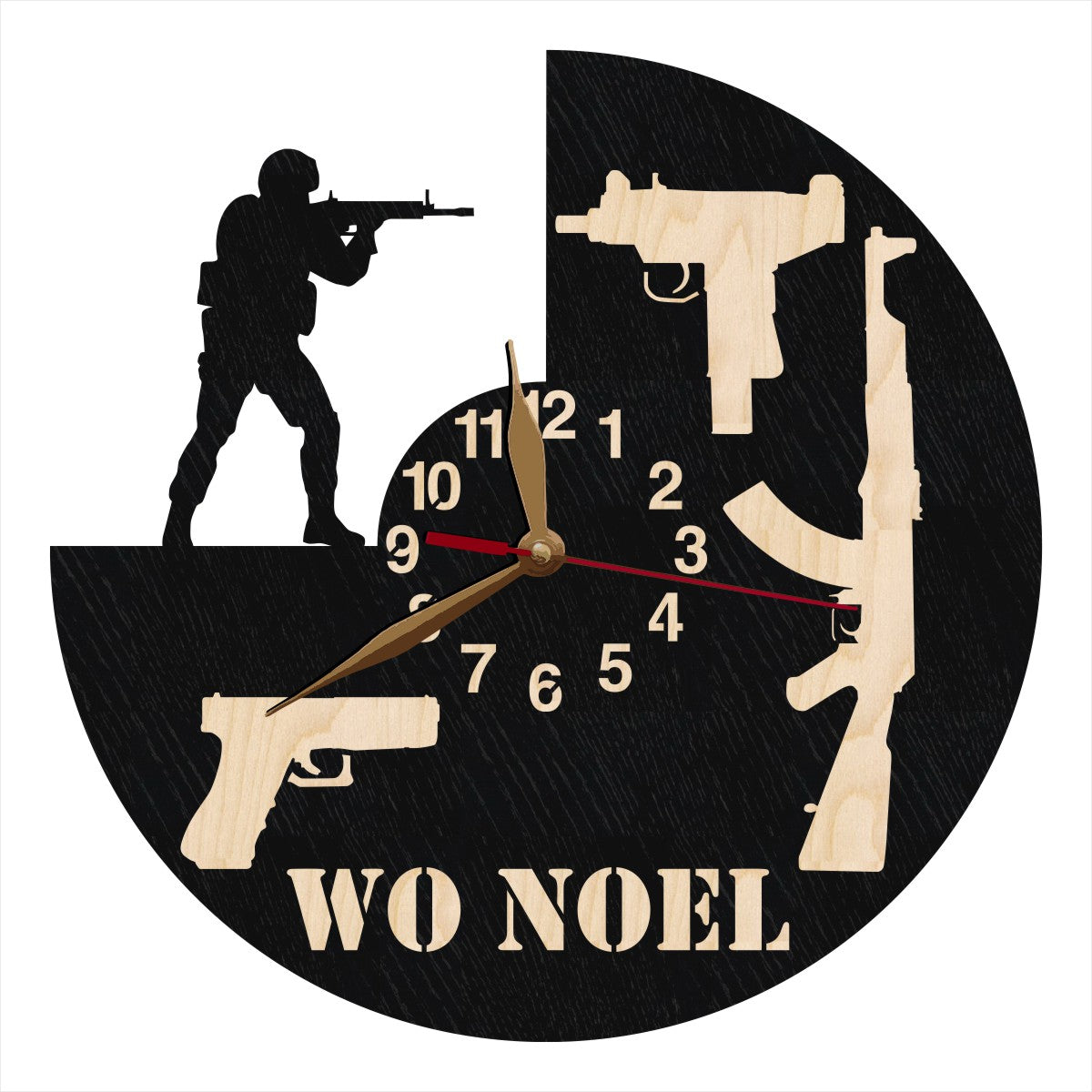 Personalized wall clock with soldier and guns silhouette