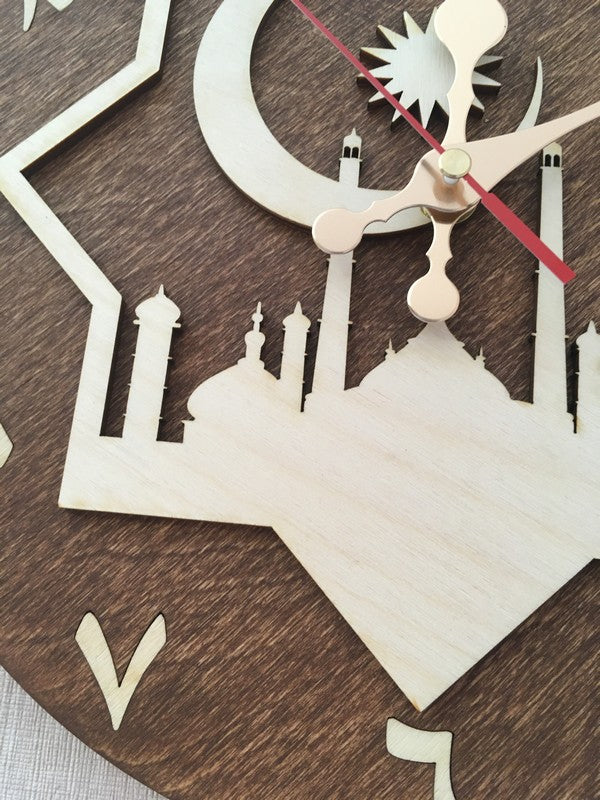 Detailed view of minarets silhouette on wooden clock