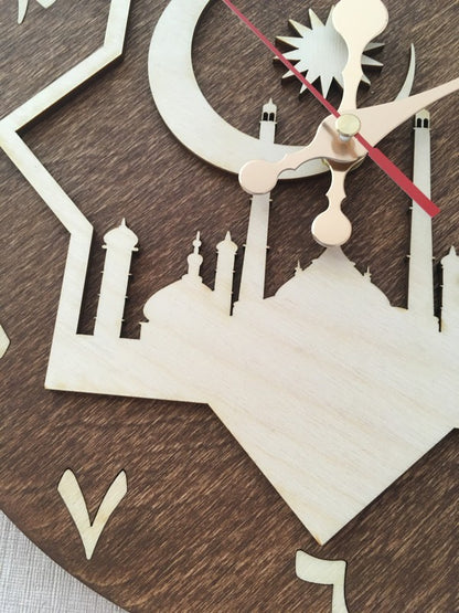 Detailed view of minarets silhouette on wooden clock