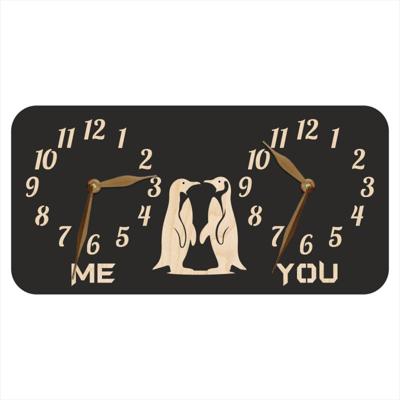 A personalized dual-time wall clock, featuring a couple of penguins between two dials