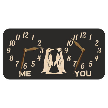 A personalized dual-time wall clock, featuring a couple of penguins between two dials