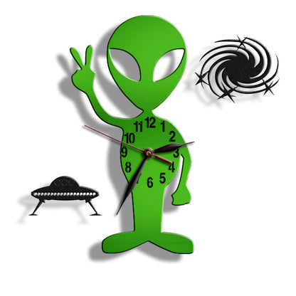 Green alien wall clock with peace sign gesture