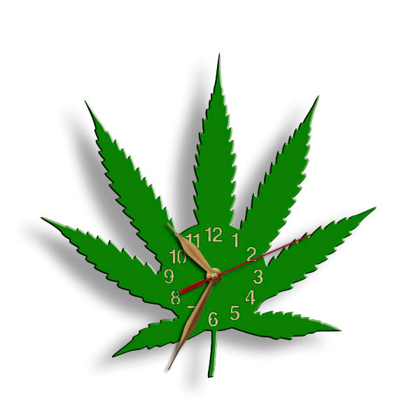 Green cannabis leaf-shaped wall clock