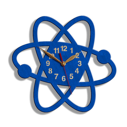 Blue atom-shaped scientic wall clock for a class room