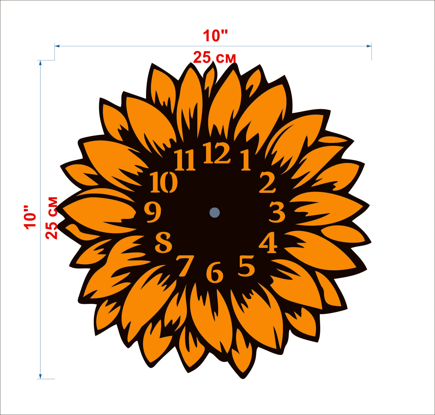 Sunflower wall clock diagram with 10 (25 cm) inch size label