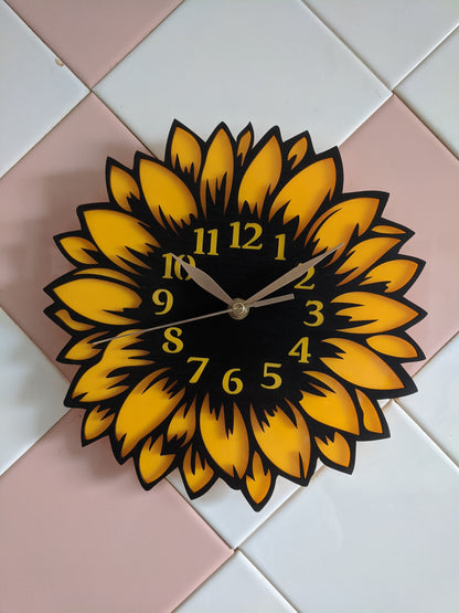 Sunflower-shaped clock on a tiled wall