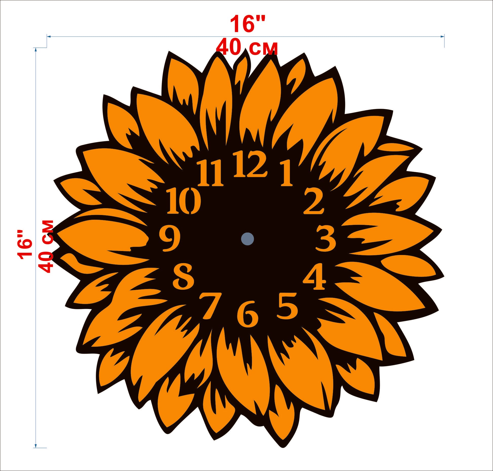 Sunflower wall clock diagram with 16 inch (40 cm) size label