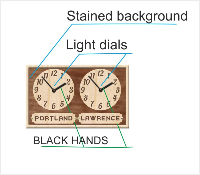 Double-faced clock with stained background, light dials, and black hands labeled.