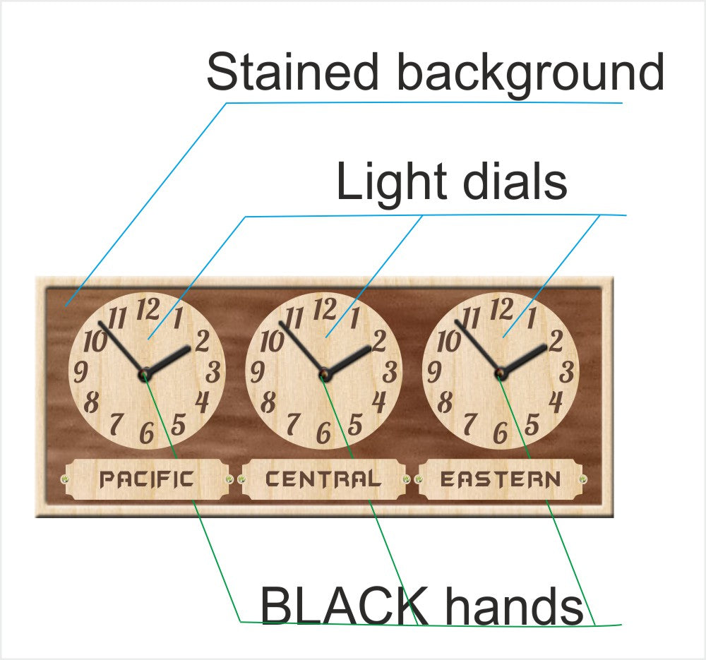 Wooden wall clock with three time zones on a stained background