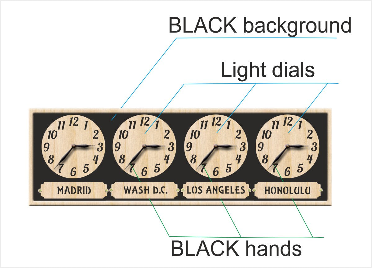 Clock with light dials labeled for different cities on a black background
