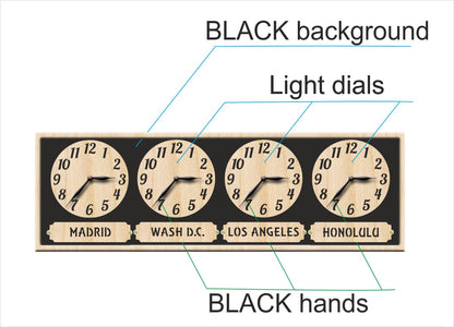Clock with light dials labeled for different cities on a black background
