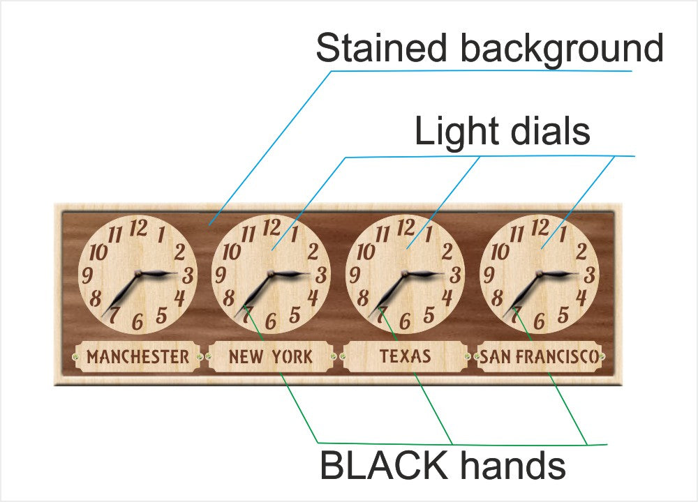 Wall clock with four clocks showing different cities' times on a stained wooden background.
