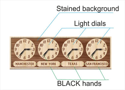 Wall clock with four clocks showing different cities' times on a stained wooden background.