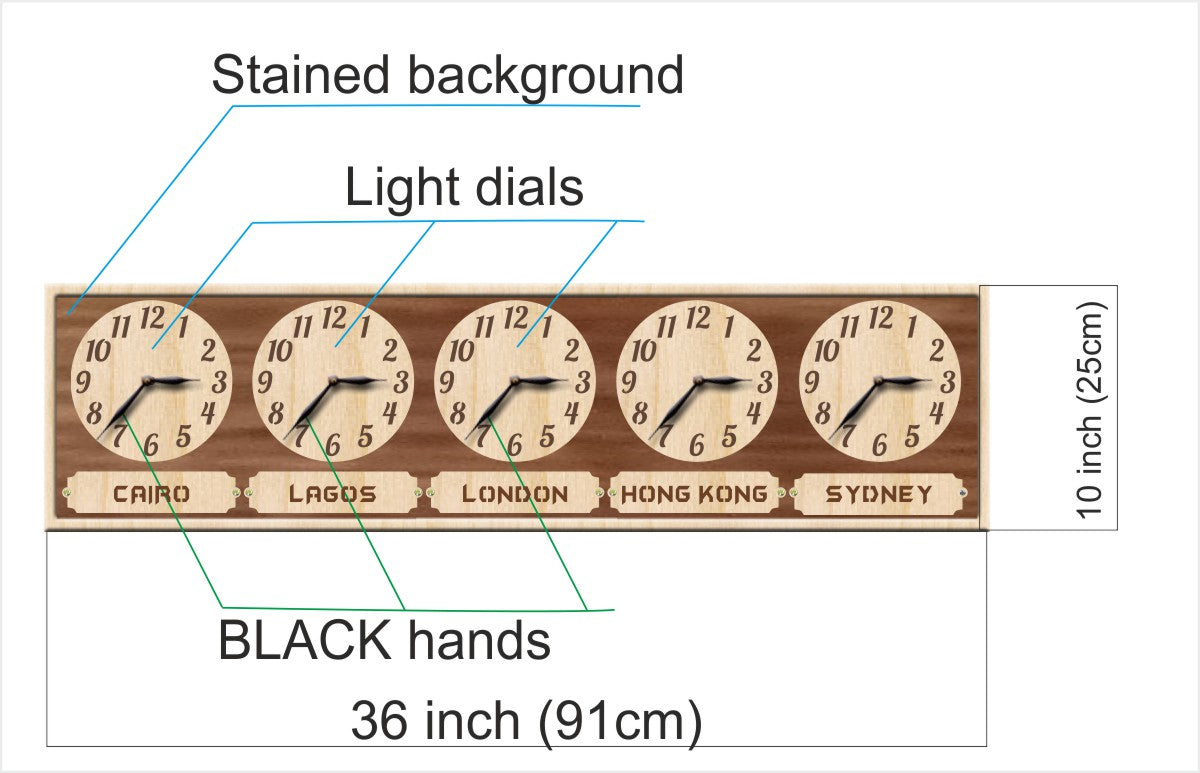 World clock with light dials and black hands on a stained background