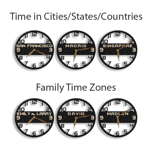 Personalized time zone wall clocks with custom world cities names cities for family