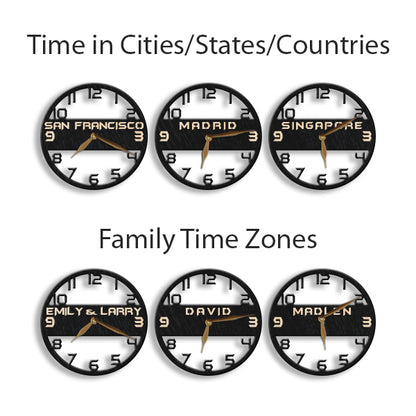 Personalized time zone wall clocks with custom world cities names cities for family