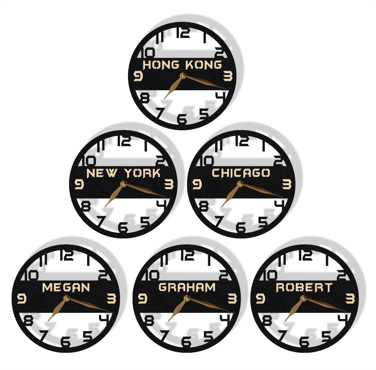 A collection of personalized wall clocks showing different time zones with black and white faces, some with custom names like 'Hong Kong', 'New York', 'Chicago', 'Megan', 'Graham', and 'Robert'.