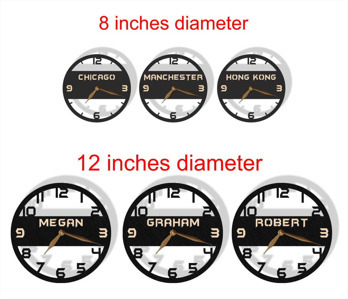 Time zone wall clocks in 8-inch and 12-inch sizes with engraved names or cities