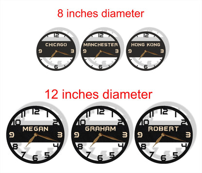 Time zone wall clocks in 8-inch and 12-inch sizes with engraved names or cities