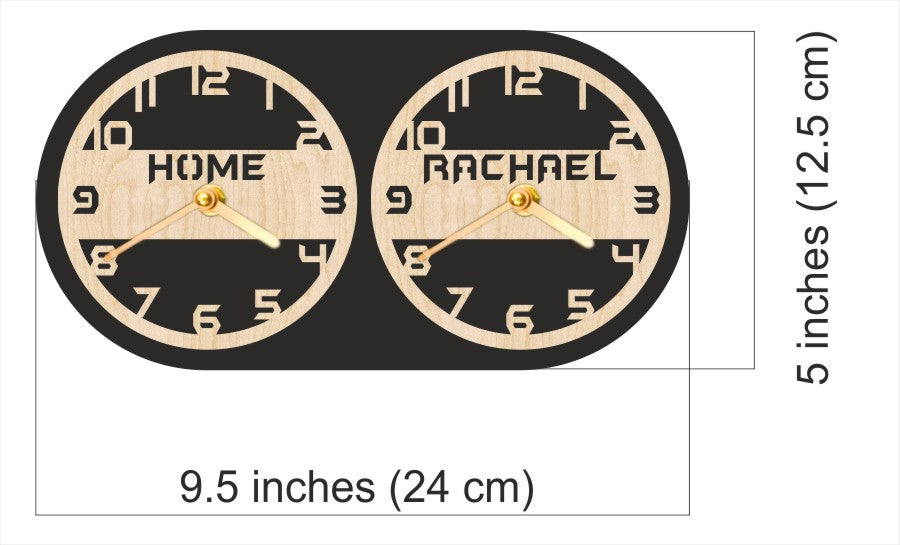 Two circular clock faces with family texts.