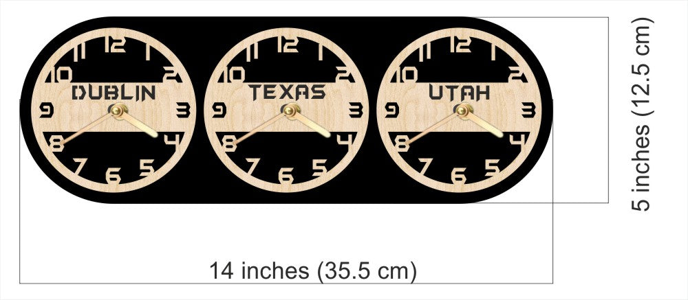 Three circular clock faces labeled 'Dublin', 'Texas', and 'Utah'.