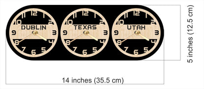 Three circular clock faces labeled 'Dublin', 'Texas', and 'Utah'.