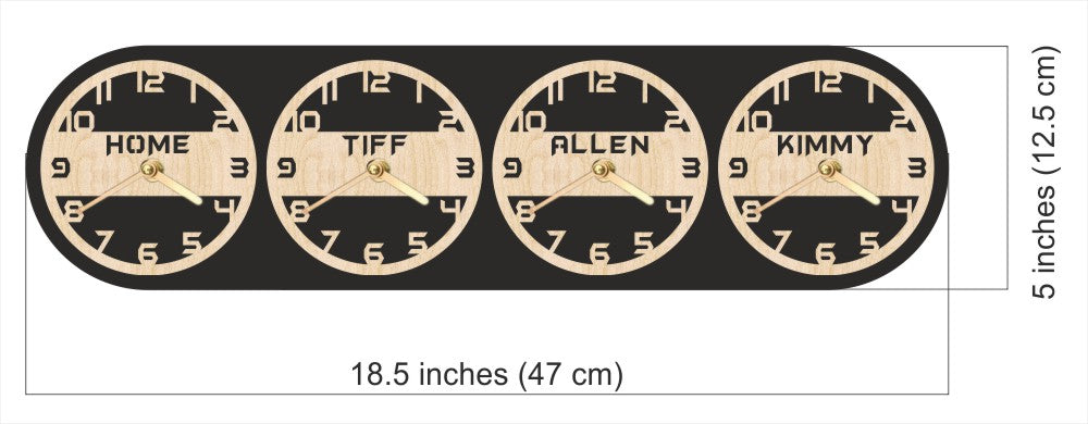 Decorative wall clock with four labeled dials
