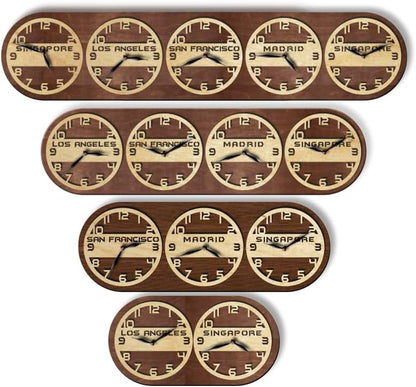 Handmade wooden world time clock displaying multiple global cities in two-tone finish