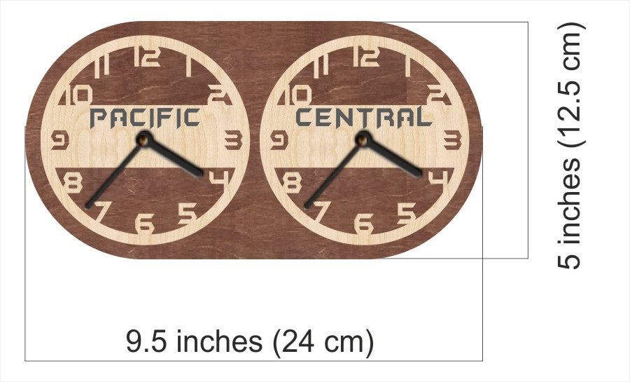 Wooden wall clock with two faces labeled 'Pacific' and 'Central'.