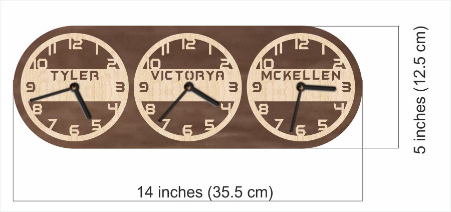 Three clock faces with names Tyler, Victoria, and McKellen on a brown background.