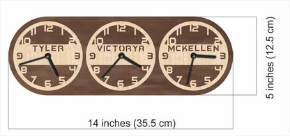 Three clock faces with names Tyler, Victoria, and McKellen on a brown background.
