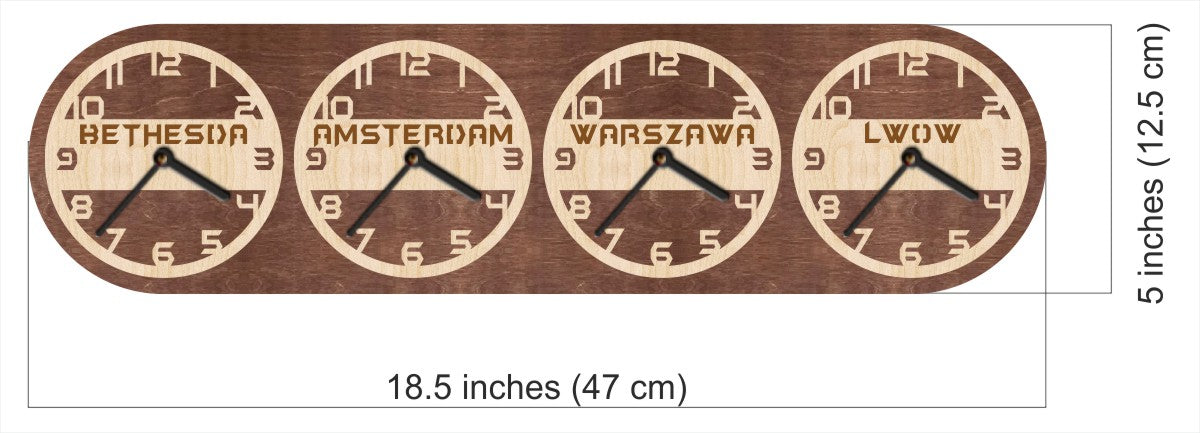 Wall clock with engraved city names