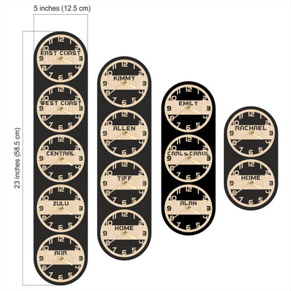 Set of narrow vertical world time zone clocks in black