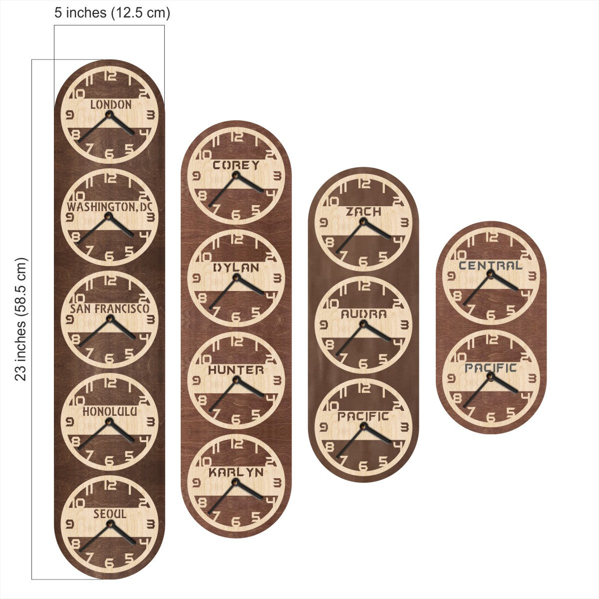 Set of narrow vertical world time zone clocks in brown