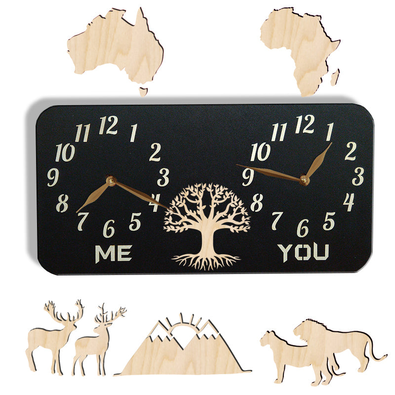 A personalized dual-time wall clock with a black background, featuring illustration between two dials. The labeles 'ME' and 'YOU' is customized and can be changed to custom texts with your names