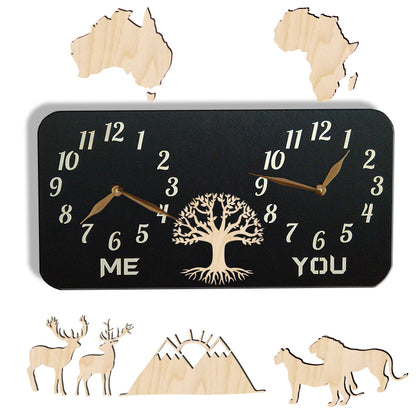 A personalized dual-time wall clock with a black background, featuring illustration between two dials. The labeles 'ME' and 'YOU' is customized and can be changed to custom texts with your names