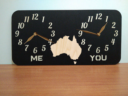A personalized dual-time wall clock, featuring Australia map illustration between two sets of hands. The labeles 'ME' and 'YOU' is customized and can be changed to custom cities names.