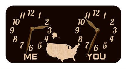 A personalized dual-time wall clock, featuring the USA map illustration between two sets of hands. The labeles 'ME' and 'YOU' is customized and can be changed to states names