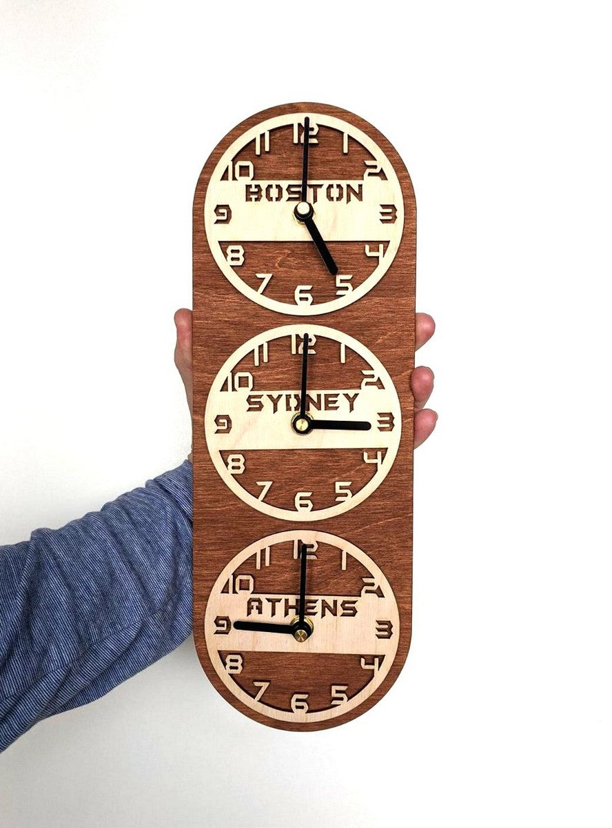 Triple wooden wall clock showing three time zones