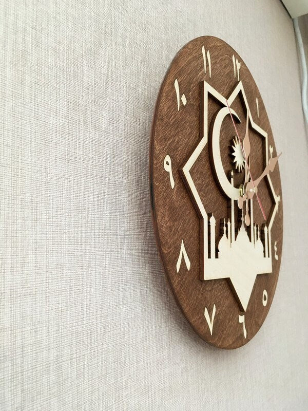 Side view of Islamic wall clock showing layered star design and Arabic numerals