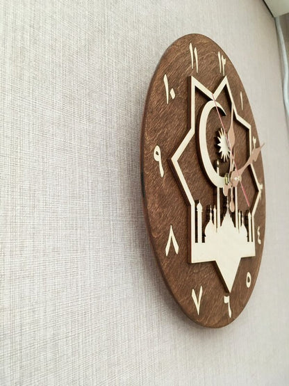 Side view of Islamic wall clock showing layered star design and Arabic numerals