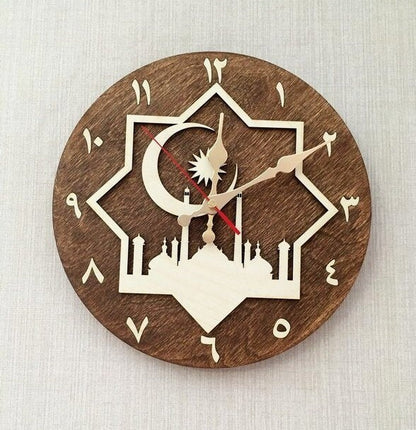 Wooden Islamic wall clock with eight-point star and mosque
